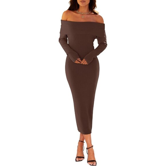 Women's Off Shoulder Bodycon Sweater Dress Long Sleeve Party Midi Dress Coffee - Picture 2 of 9